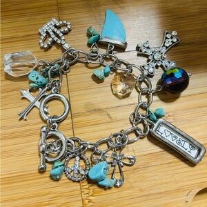 Chunky Charm Bracelet Turquoise Cross Peace Crystal Boho Statement Silver Tone